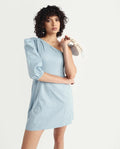 Rareism Women's Floris Blue Polyester Blend One Shoulder Plain Puff Sleeves Knee Length Slim Fit Dress