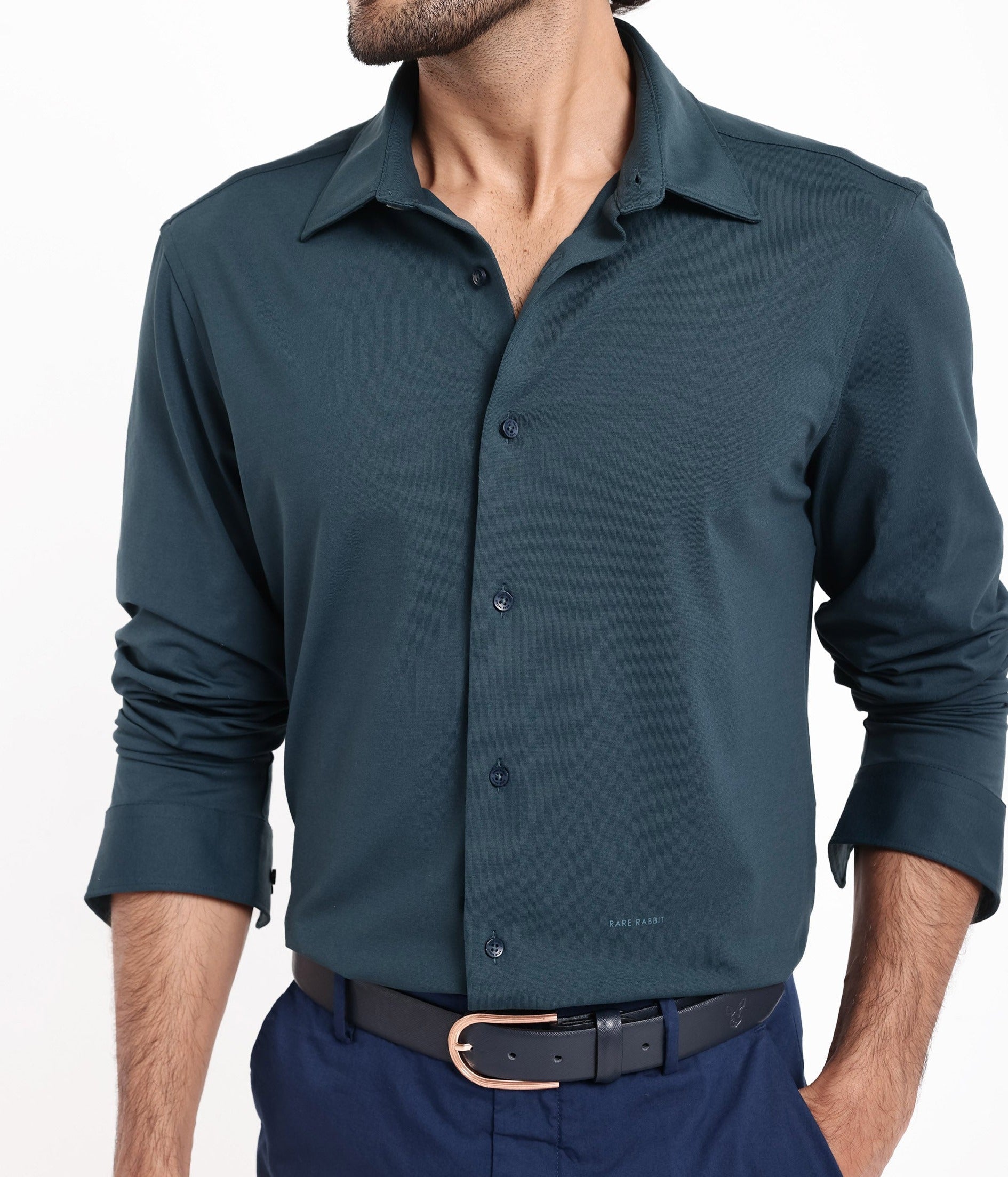 Rare Rabbit Men's Flyknit Teal Cotton Plain Regular Fit Full Sleeve Collared Shirt
