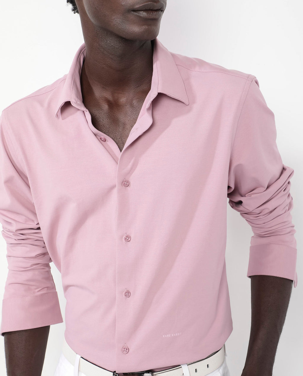 Rare Rabbit Men's Flyknit Dusky Pink Cotton Plain Regular Fit Full Sleeve Collared Shirt