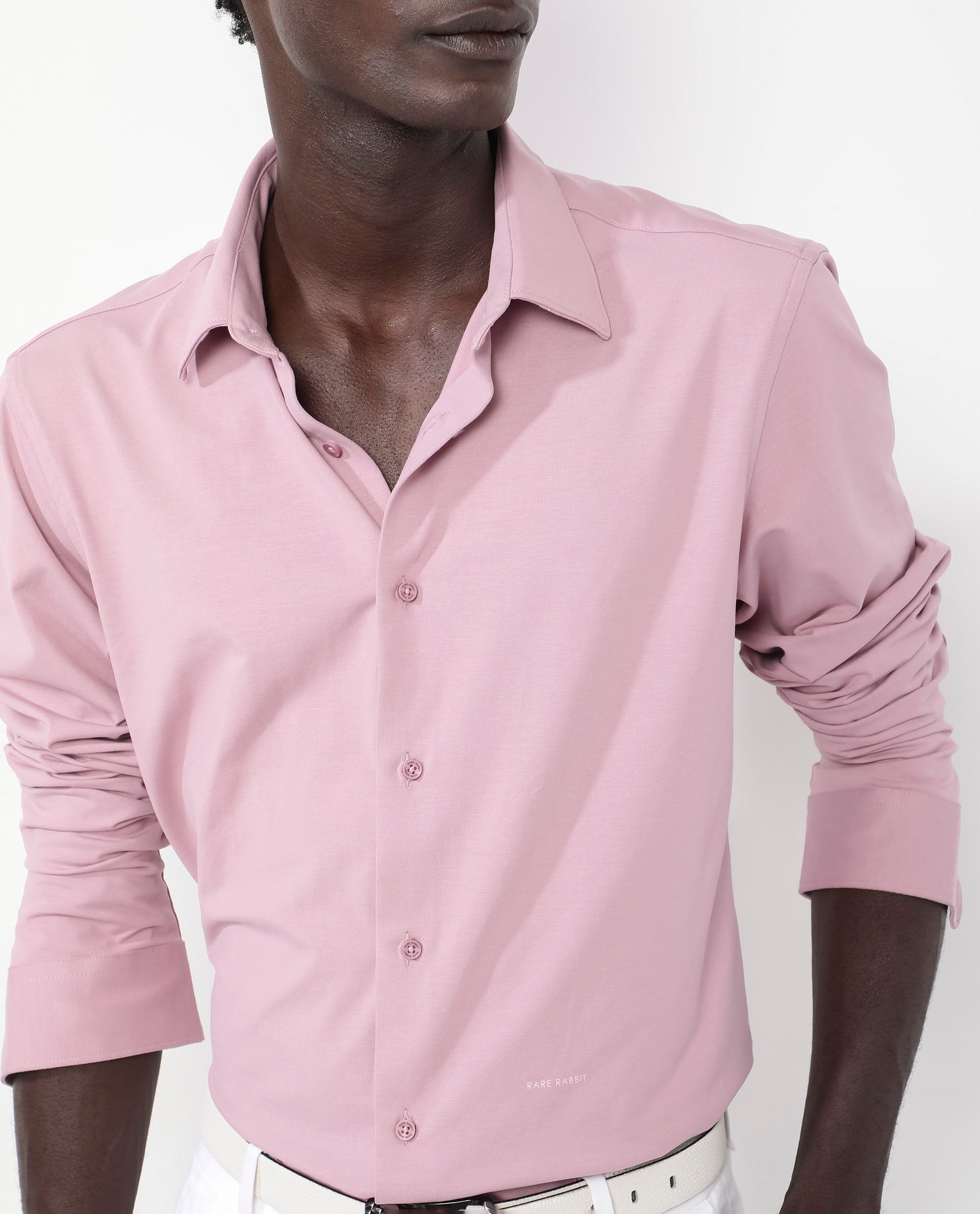 Rare Rabbit Men's Flyknit Dusky Pink Cotton Plain Regular Fit Full Sleeve Collared Shirt