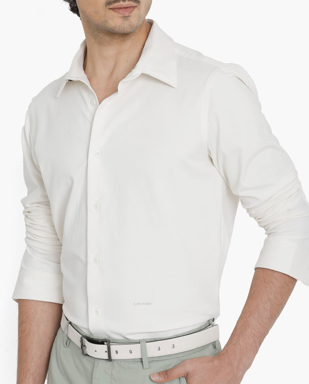 Rare Rabbit Men's Flyknit Off White Cotton Plain Regular Fit Full Sleeve Collared Shirt