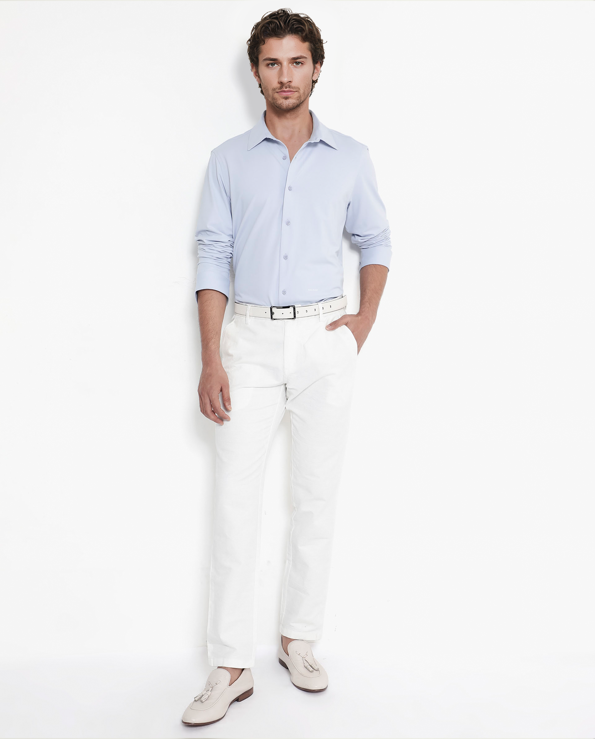 Rare Rabbit Men's Flyknit Pastel Blue Cotton Plain Regular Fit Full Sleeve Collared Shirt
