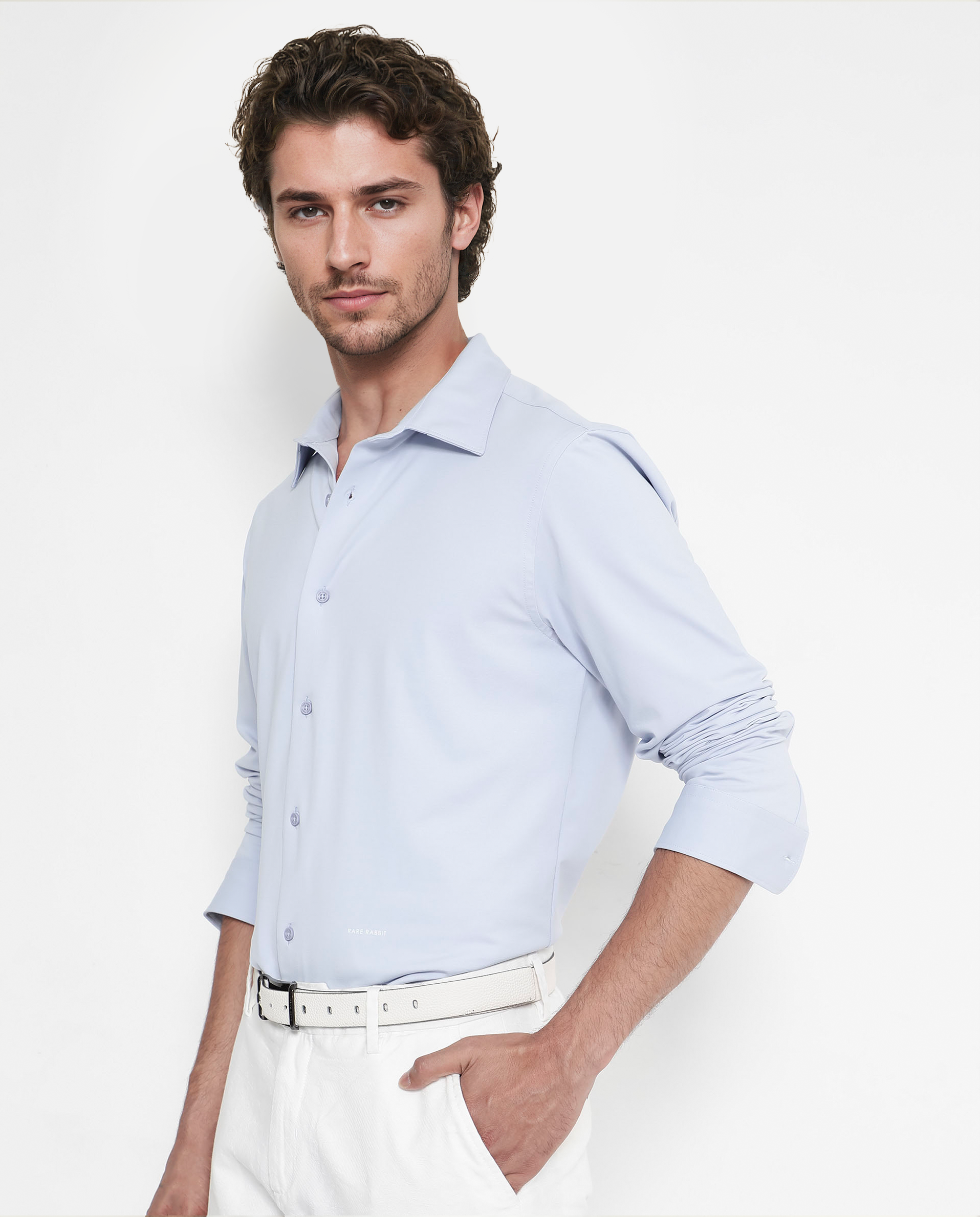 Rare Rabbit Men's Flyknit Pastel Blue Cotton Plain Regular Fit Full Sleeve Collared Shirt