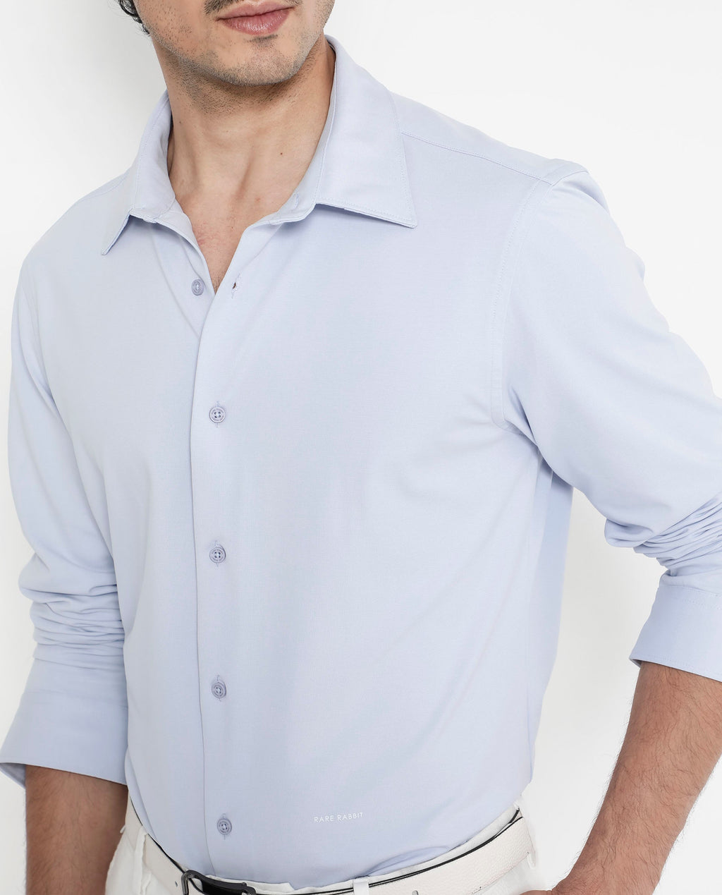 Rare Rabbit Men's Flyknit Pastel Blue Cotton Plain Regular Fit Full Sleeve Collared Shirt