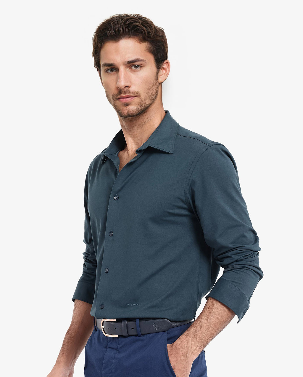 Rare Rabbit Men's Flyknit Teal Cotton Plain Regular Fit Full Sleeve Collared Shirt