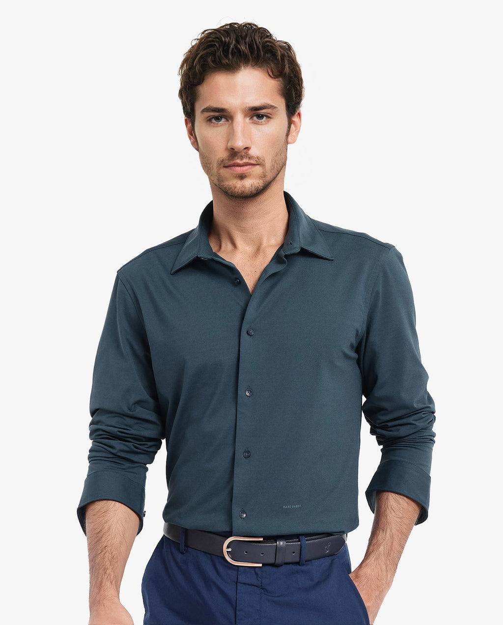 Rare Rabbit Men's Flyknit Teal Cotton Plain Regular Fit Full Sleeve Collared Shirt