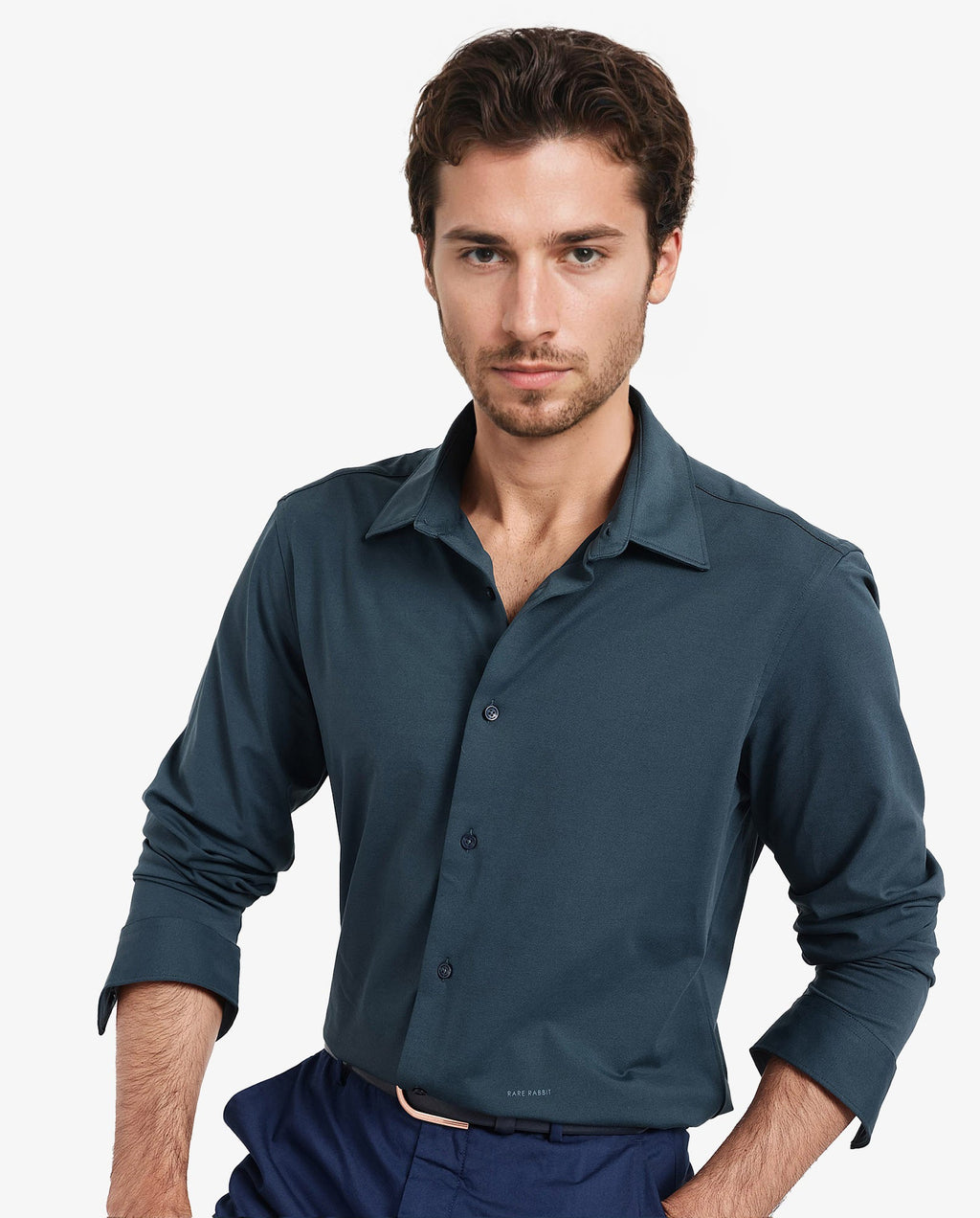 Rare Rabbit Men's Flyknit Teal Cotton Plain Regular Fit Full Sleeve Collared Shirt
