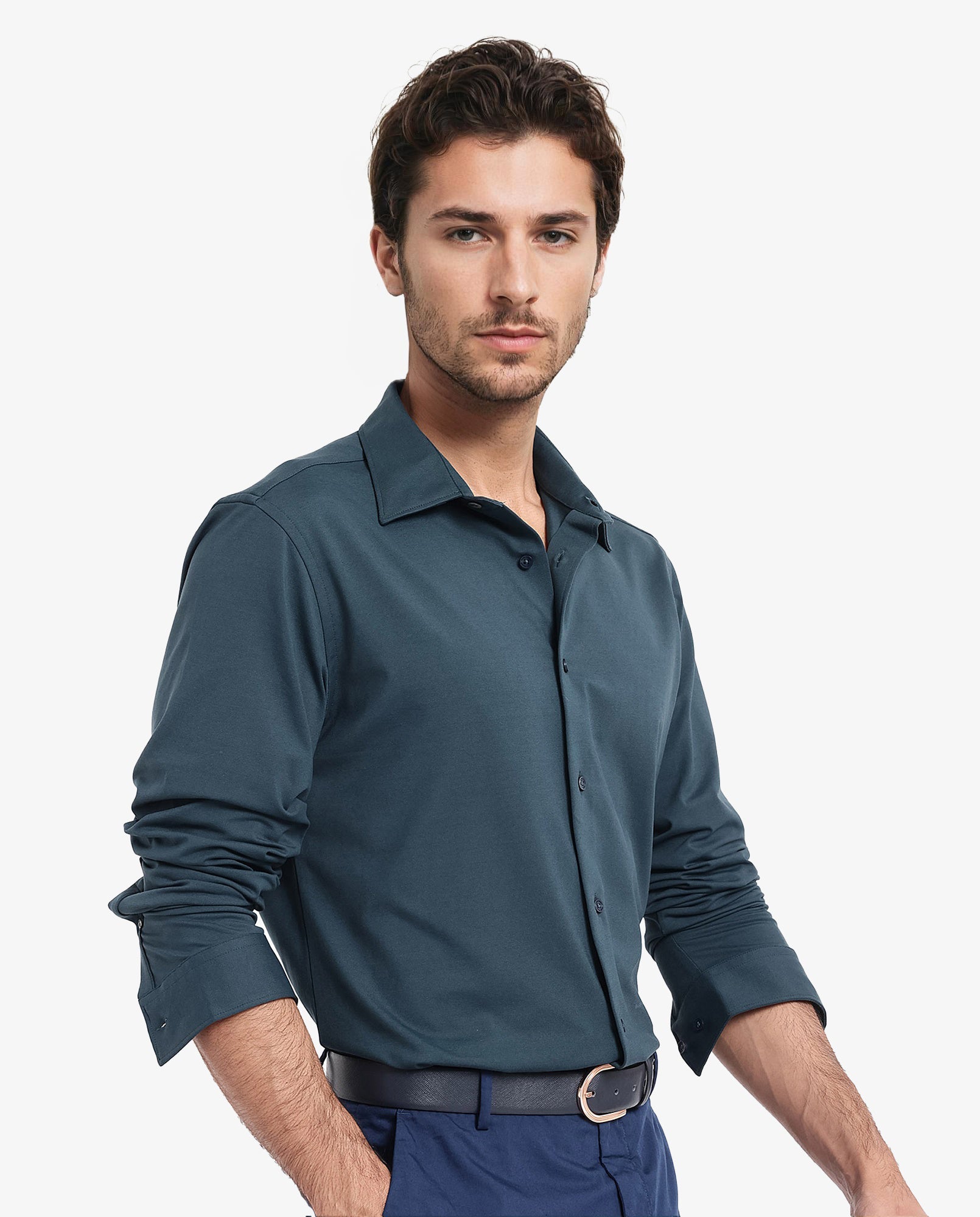 Rare Rabbit Men's Flyknit Teal Cotton Plain Regular Fit Full Sleeve Collared Shirt