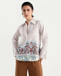 Rareism Women's Fofianie Light Brown Cotton Blend Drop Collar Abstract Print Bell Sleeve Regular Fit Top