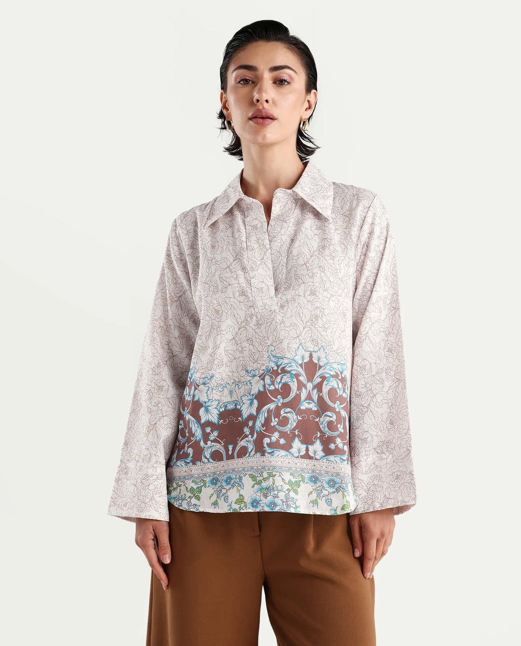 Rareism Women's Fofianie Light Brown Cotton Blend Drop Collar Abstract Print Bell Sleeve Regular Fit Top