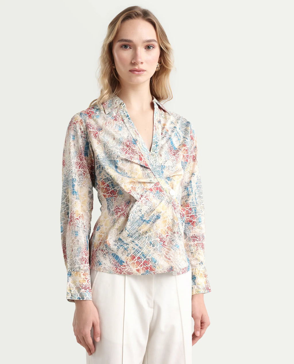 Rareism Women's Foggia Light Multi Cotton Blend Johnny Collar Abstract Print Regular Fit Top