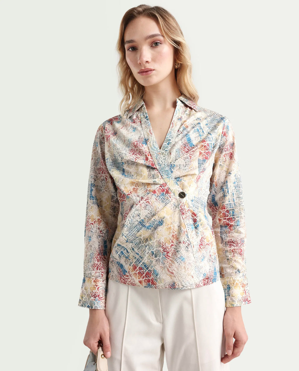 Rareism Women's Foggia Light Multi Cotton Blend Johnny Collar Abstract Print Regular Fit Top