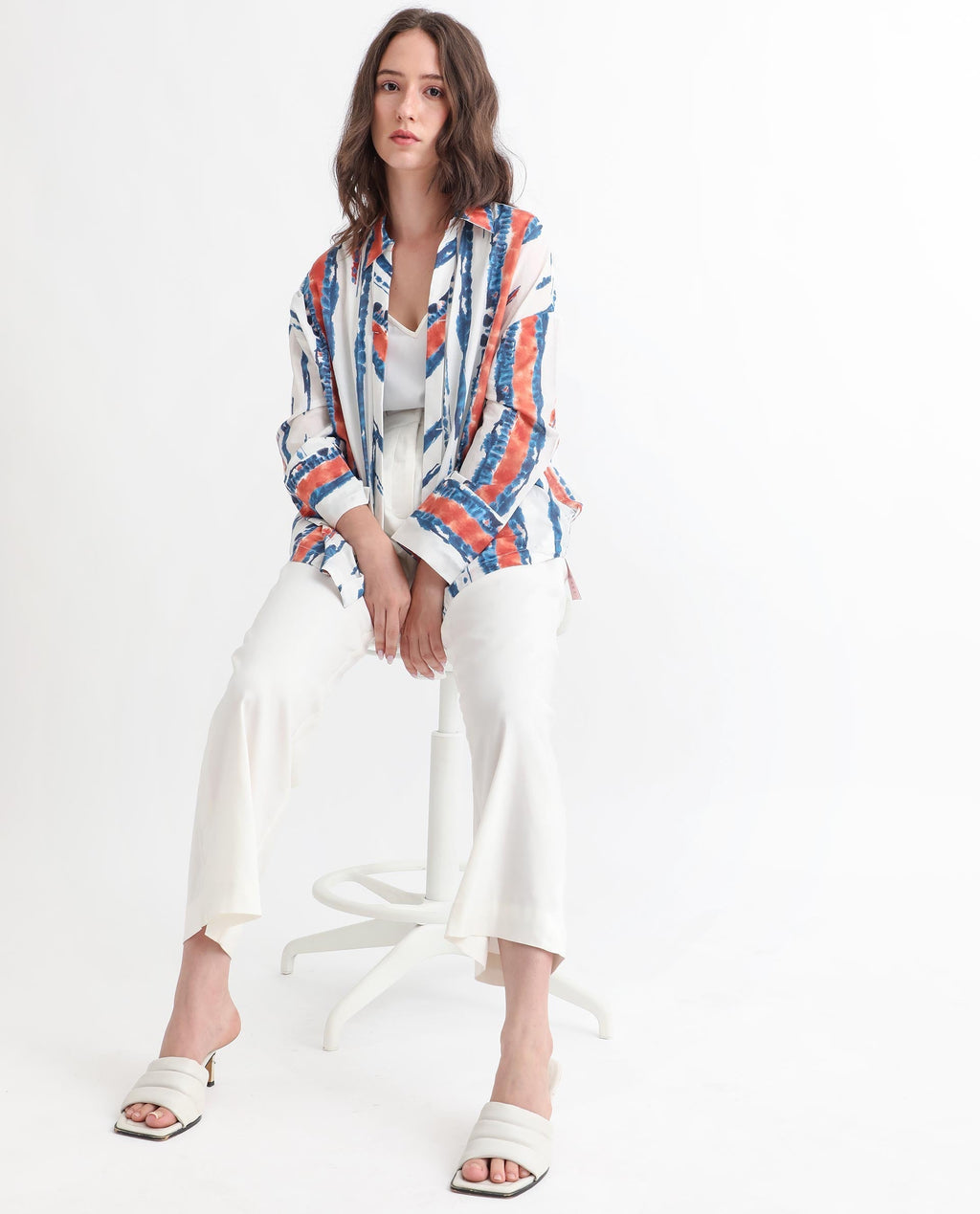 Rareism Women's Foil Offwhite Modal Blend Spread Collar Abstract Print Regular Fit Top