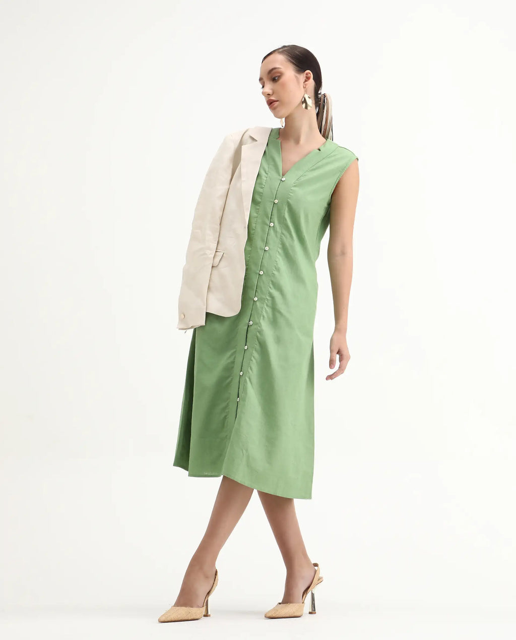 Rareism Women's Foream Pastel Green Cotton Blend V-Neck Plain Sleeveless Midi A-Line Dress
