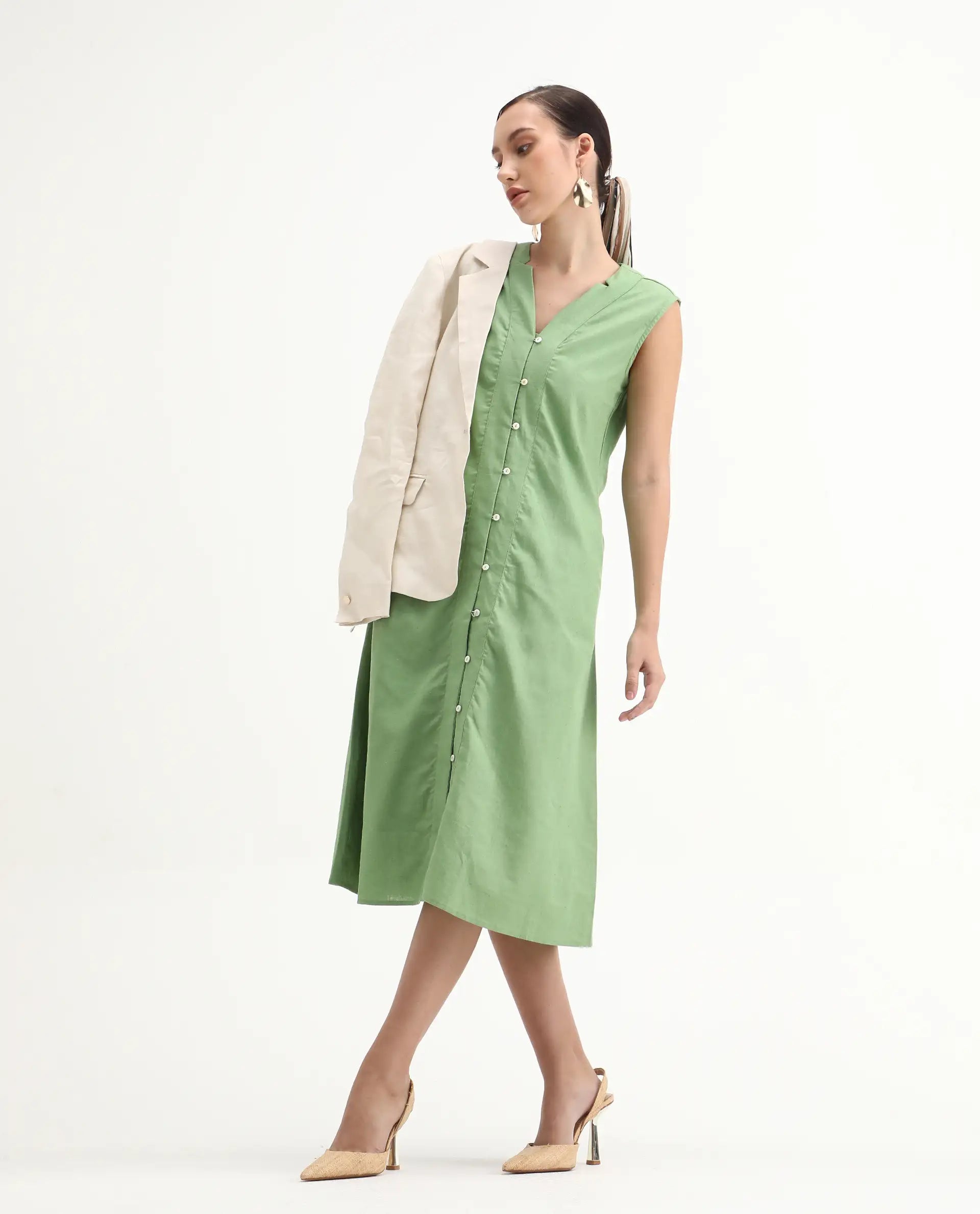 Rareism Women's Foream Pastel Green Cotton Blend V-Neck Plain Sleeveless Midi A-Line Dress