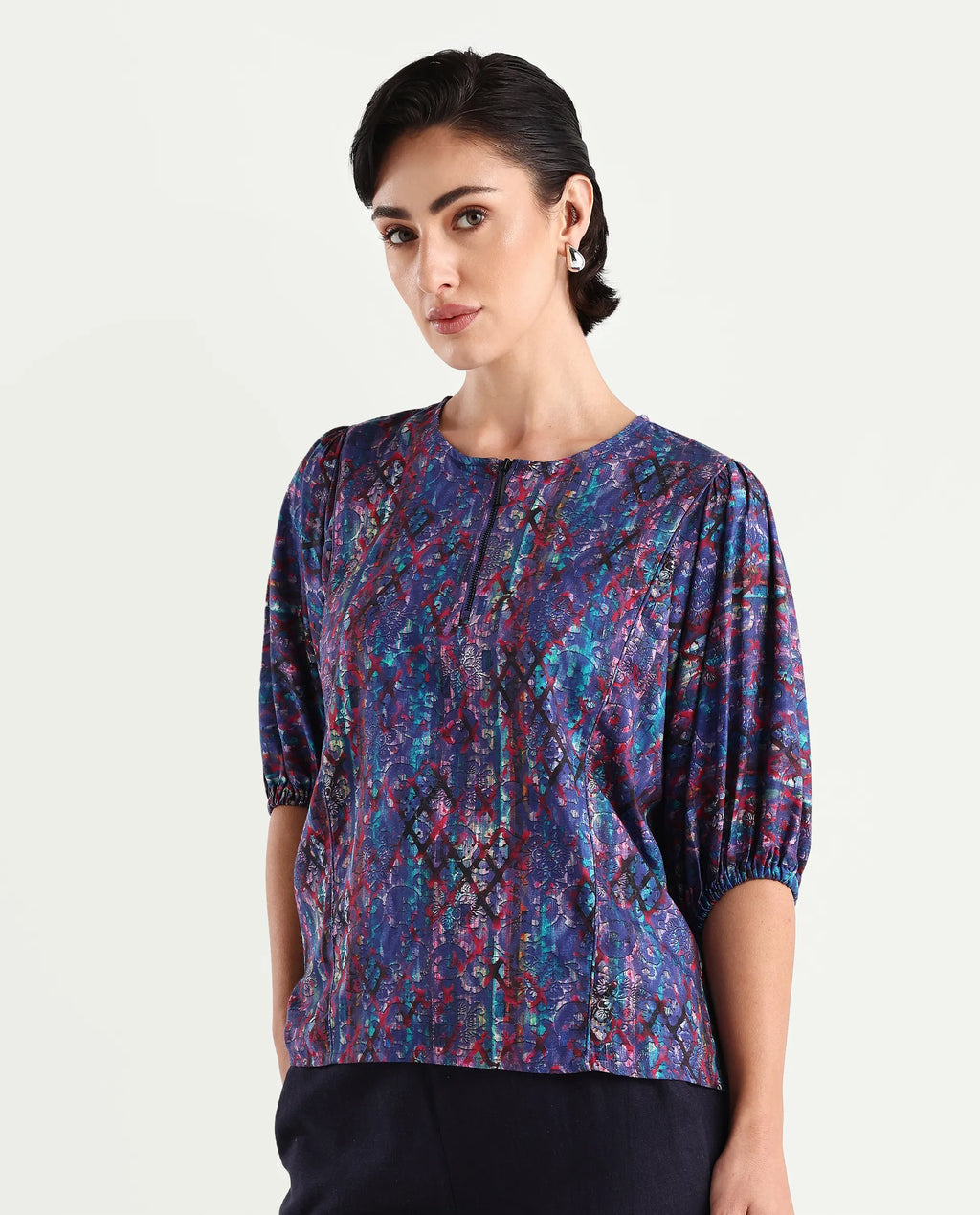 Rareism Women's Forli Multi Cotton Blend Crew Neck Abstract Print Kimono Sleeve Regular Fit Top