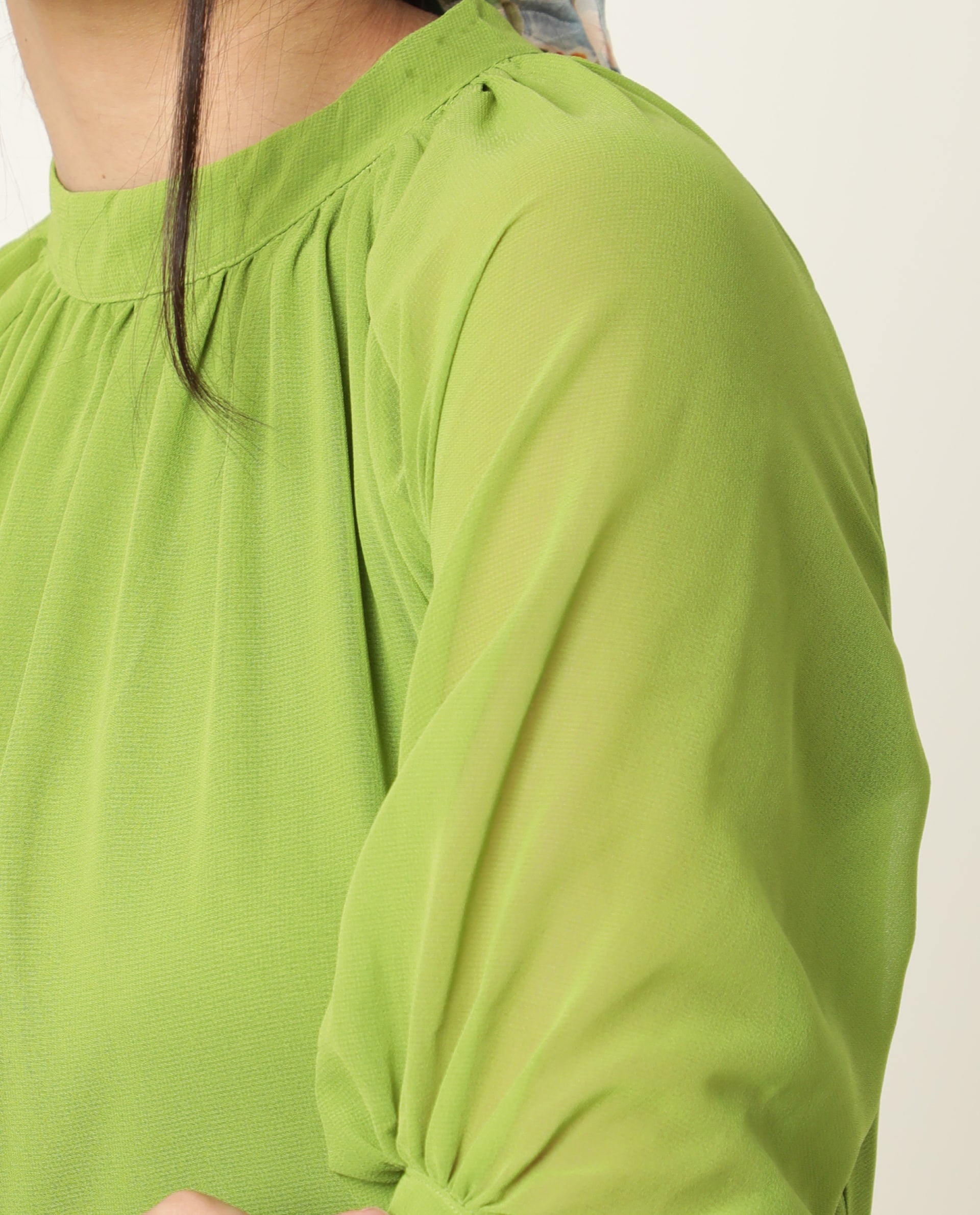 Rareism Women's Frag Green High Neck Plain Knee Length Regular Fit Dress