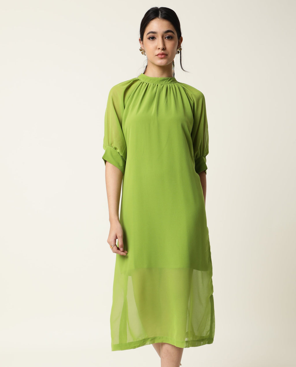 Rareism Women's Frag Green High Neck Plain Knee Length Regular Fit Dress