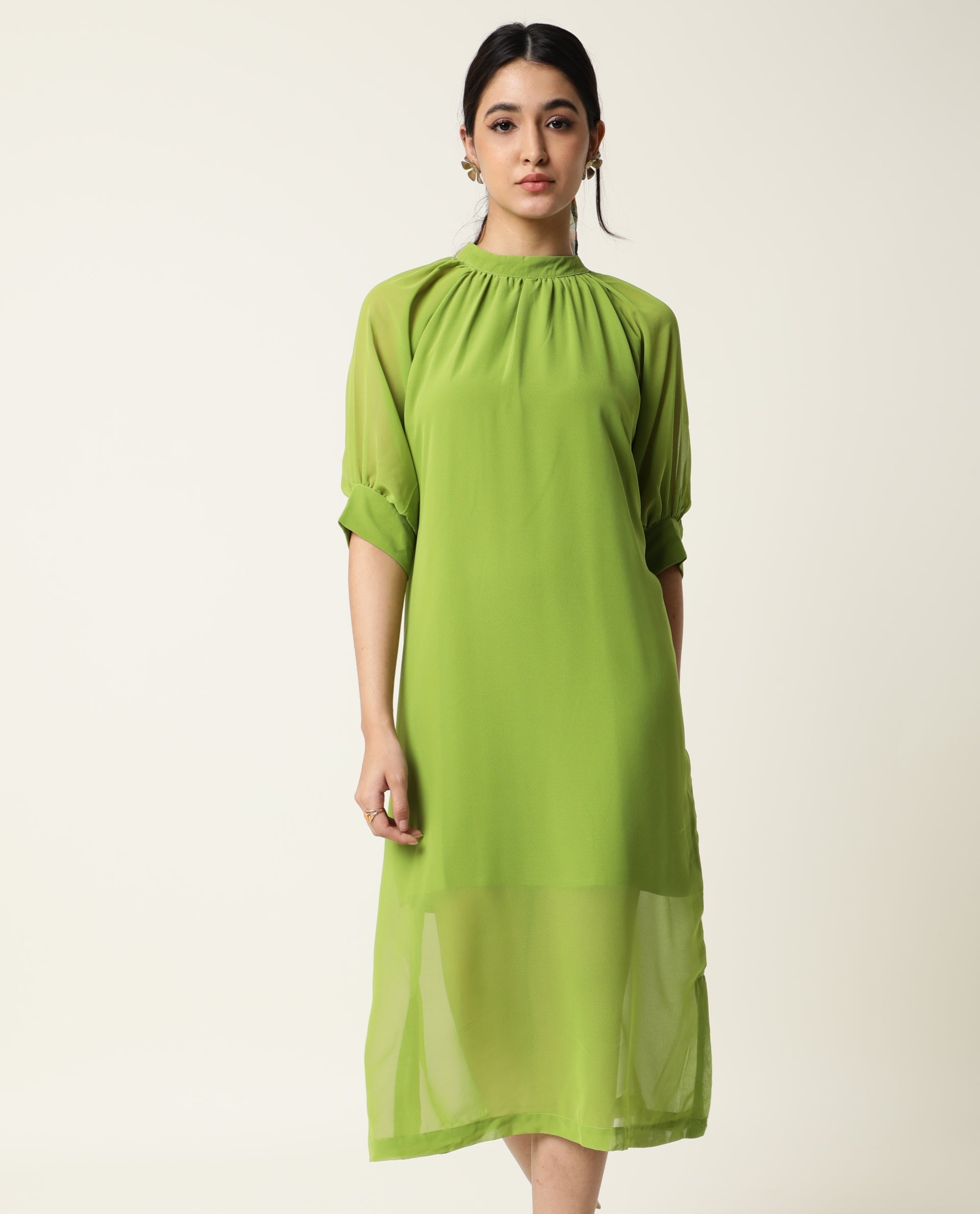 Rareism Women's Frag Green High Neck Plain Knee Length Regular Fit Dress