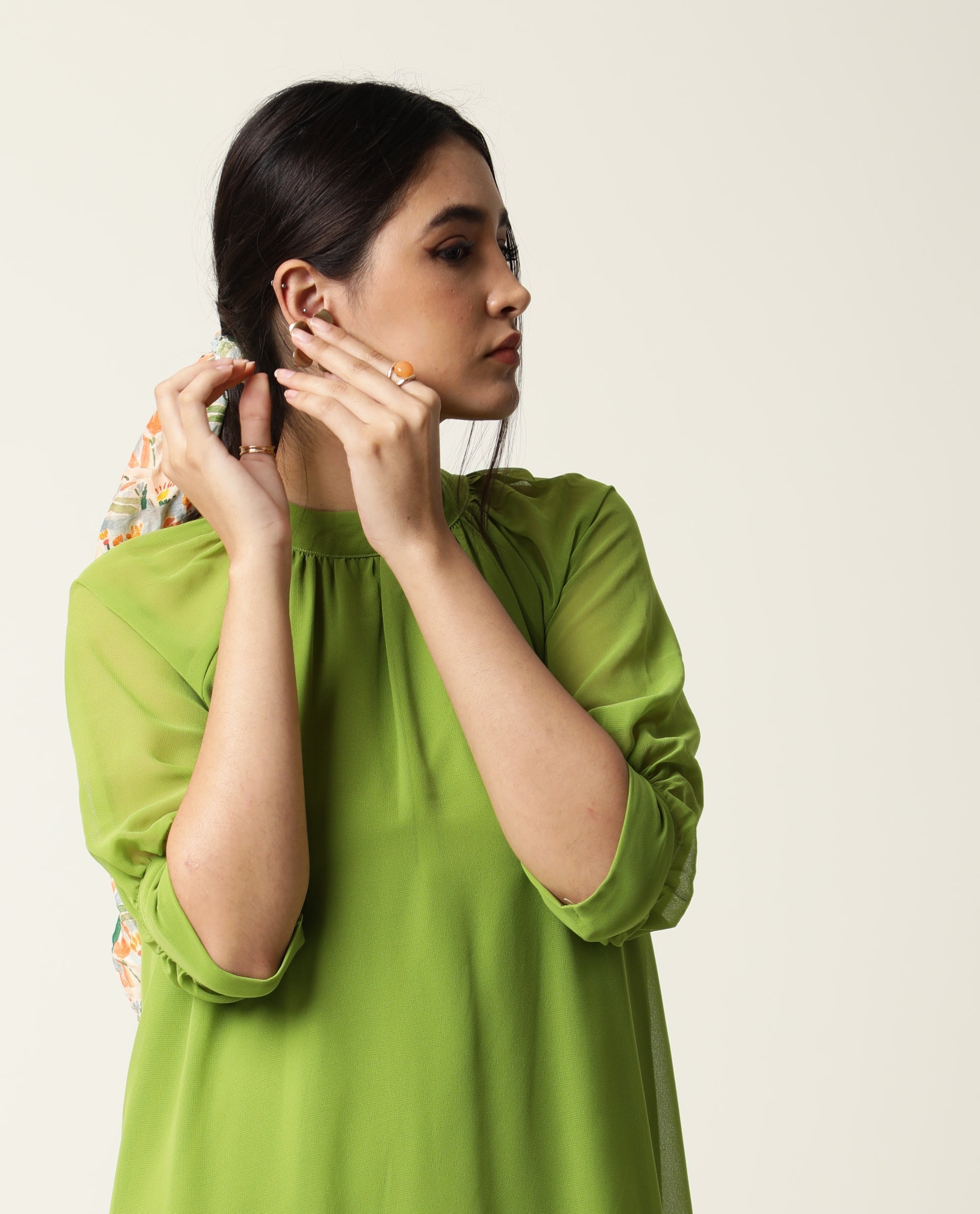 Rareism Women's Frag Green High Neck Plain Knee Length Regular Fit Dress