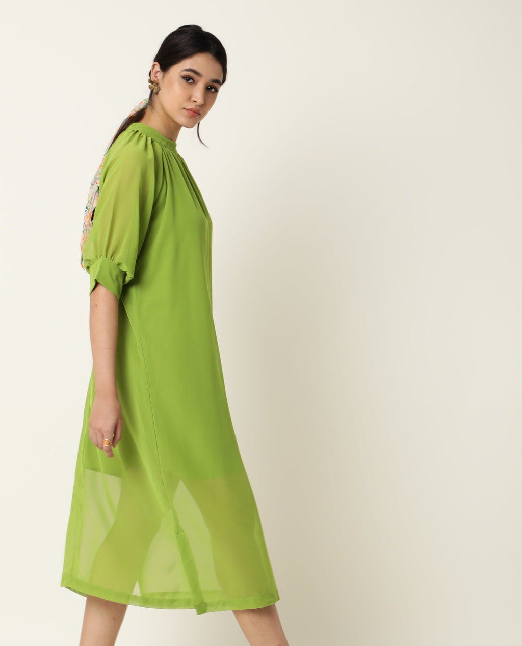 Rareism Women's Frag Green High Neck Plain Knee Length Regular Fit Dress