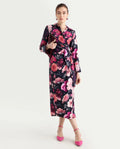 Rareism Women's Frastio Sc Black Viscose Blend Drop Collar Floral Print Extended Sleeves Maxi Straight Fit Dress