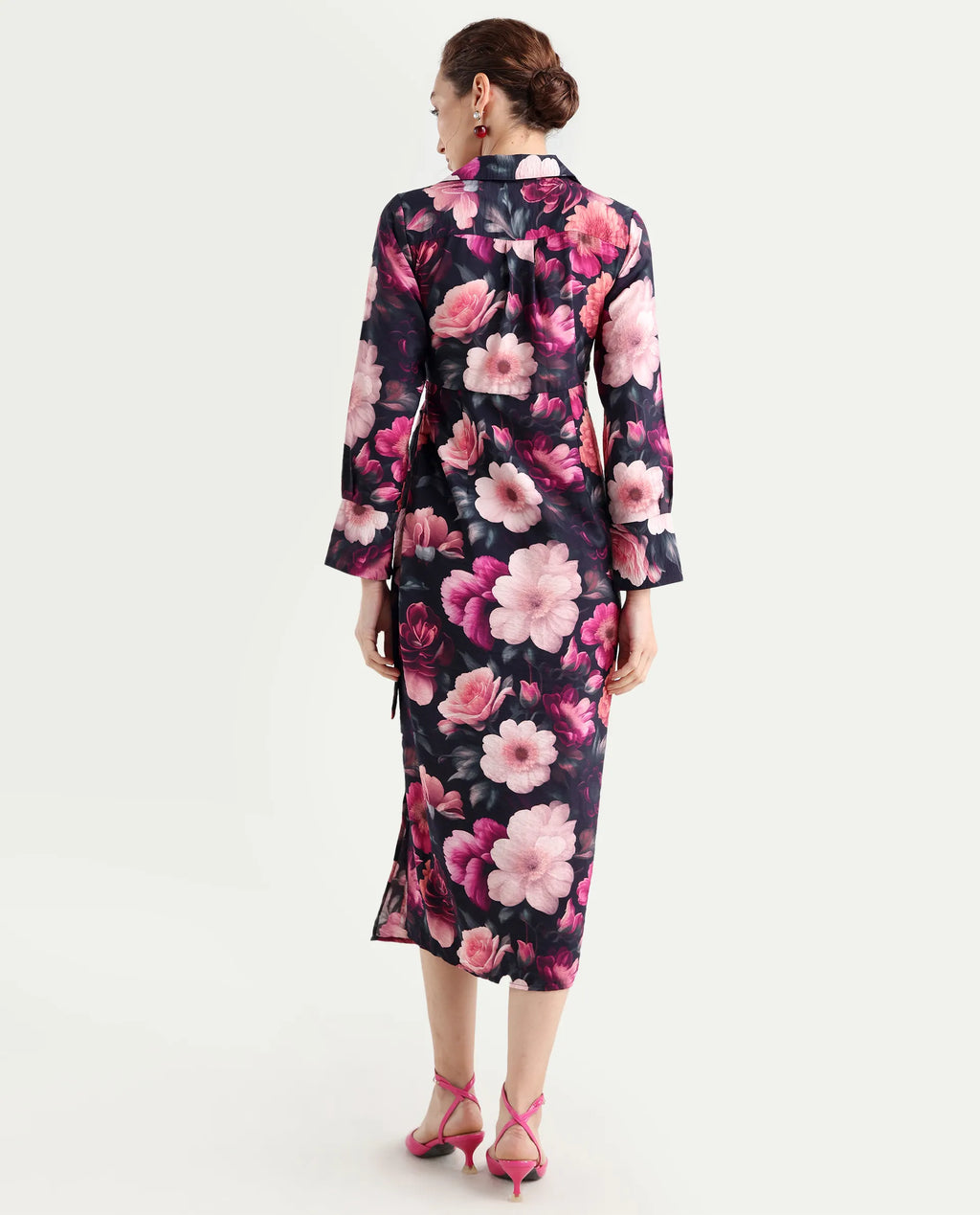 Rareism Women's Frastio Sc Black Viscose Blend Drop Collar Floral Print Extended Sleeves Maxi Straight Fit Dress