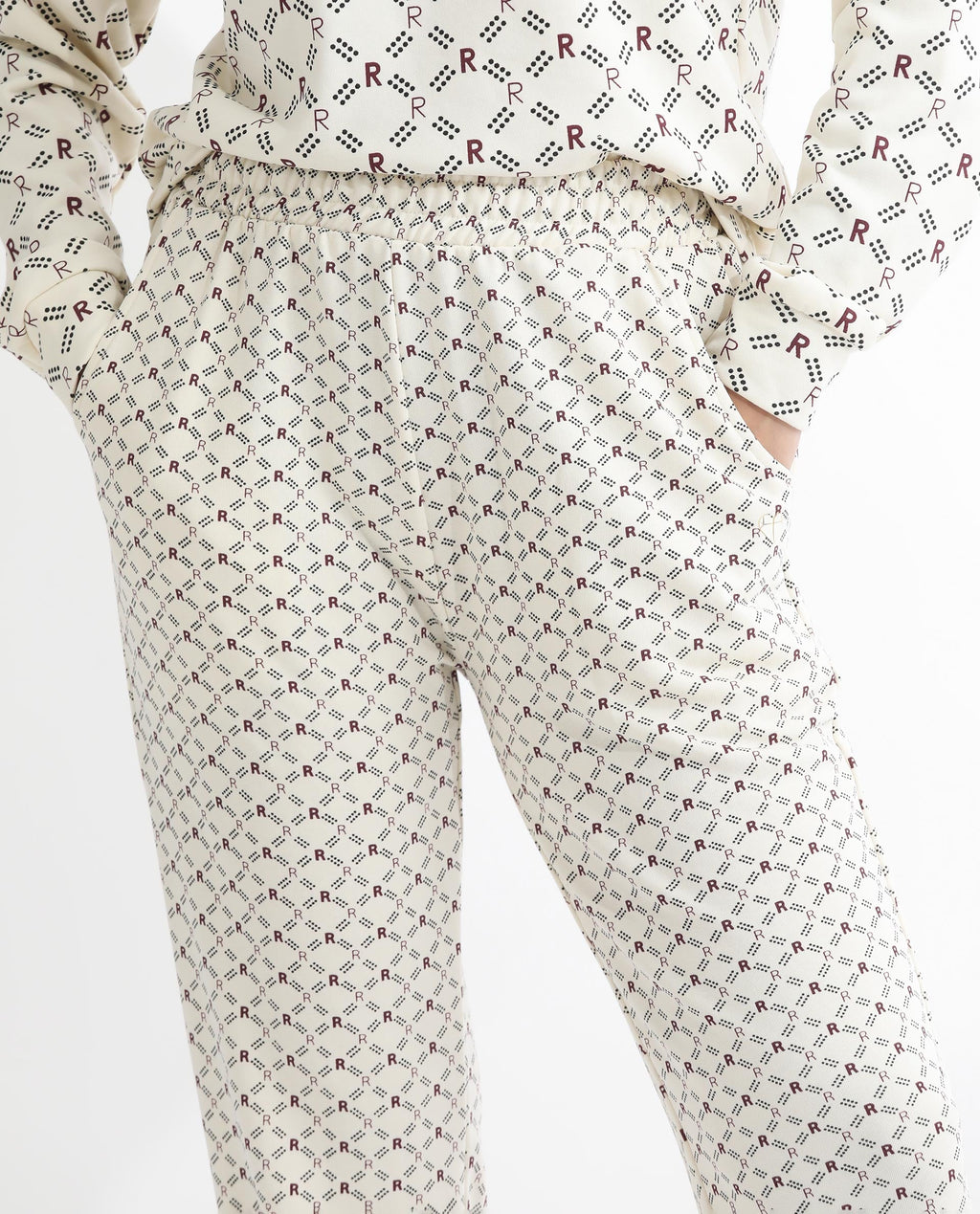 Rareism Women's Fronk Beige Polyester Blend Monogram Print Ankle Length Tailored Track Pant