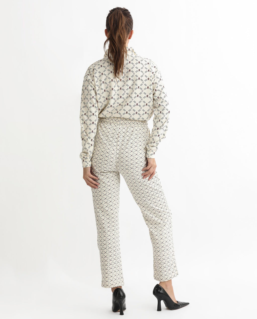 Rareism Women's Fronk Beige Polyester Blend Monogram Print Ankle Length Tailored Track Pant