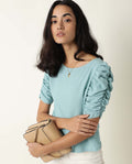 Rareism Women's Frozen Green Cotton Boat Neck Plain Ruffled Sleeve Regular Fit Top