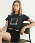 Rareism Women's Frunta Black Cotton Blend Crew Neck Graphic Print Regular Fit T-Shirt