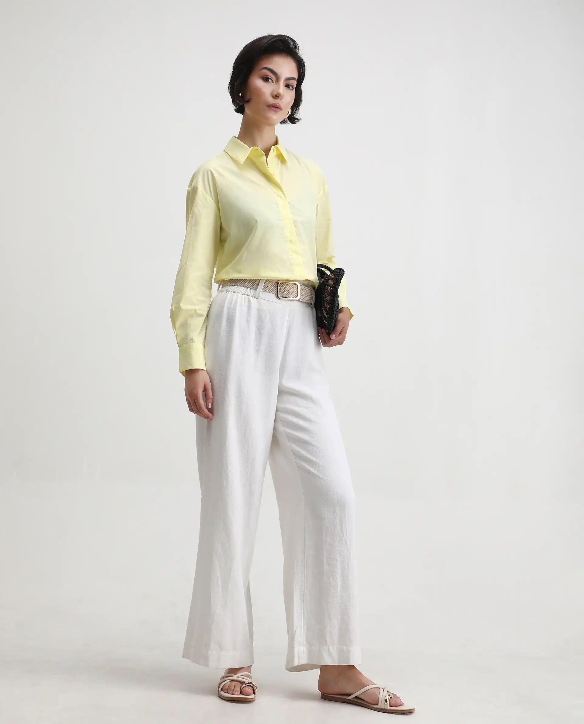 Rareism Women's Fuhu Yellow Cotton Spread Collar Plain Cuffed Sleeve Regular Fit Shirt