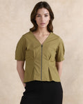 Rareism Women's Funit Dusky Olive Cotton Blend V-Neck Plain Fashion Sleeve Crop Regular Fit Top