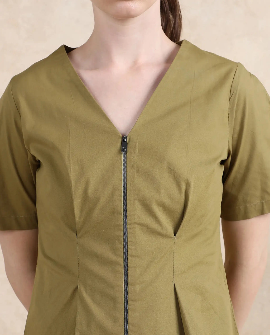 Rareism Women's Funit Dusky Olive Cotton Blend V-Neck Plain Fashion Sleeve Crop Regular Fit Top