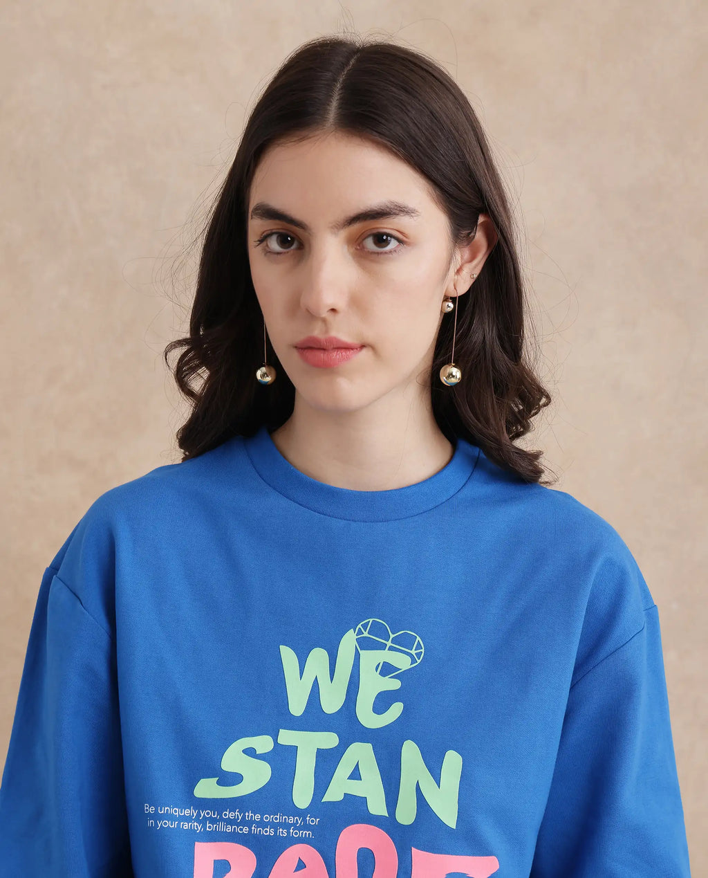 Rareism Women's Fuzer Blue Cotton Blend Crew Neck Graphic Print Relaxed Fit Sweatshirt