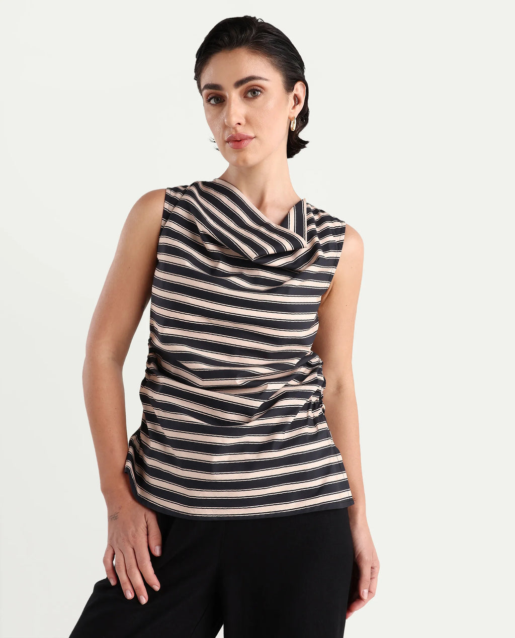Rareism Women's Gaaro Black Poplin Cowl Neck Striped Sleeveless Regular Fit Top