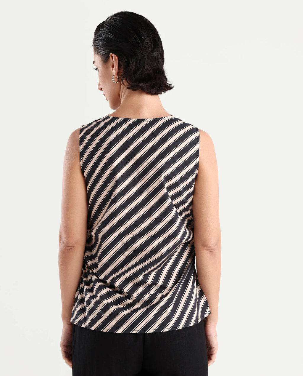 Rareism Women's Gaaro Black Poplin Cowl Neck Striped Sleeveless Regular Fit Top