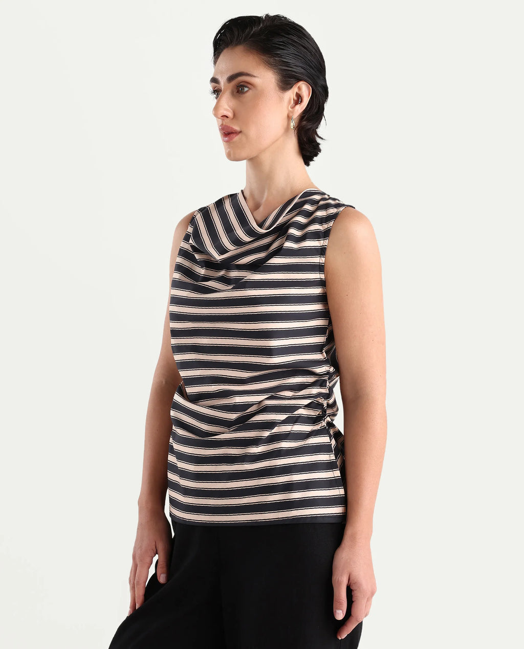 Rareism Women's Gaaro Black Poplin Cowl Neck Striped Sleeveless Regular Fit Top