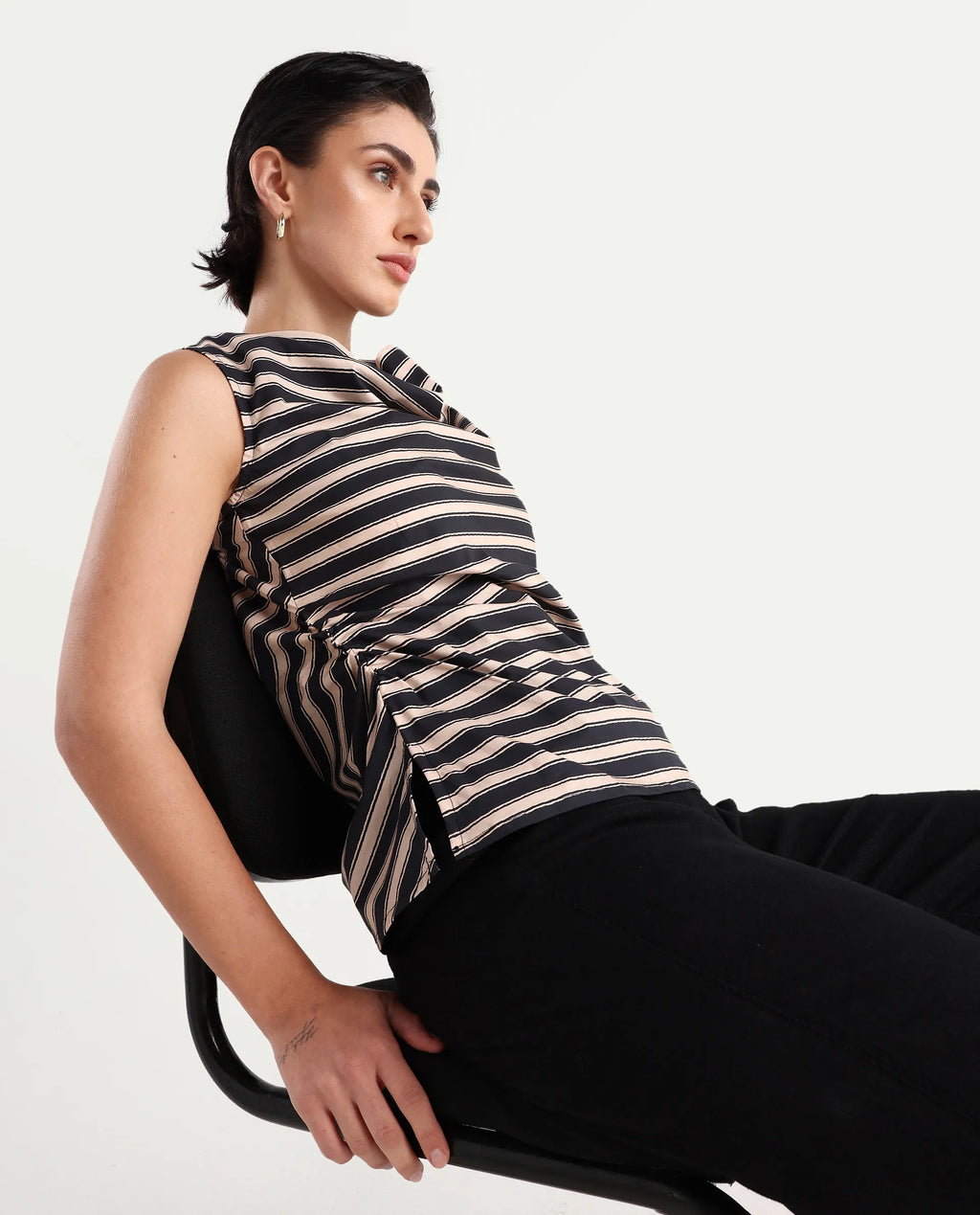 Rareism Women's Gaaro Black Poplin Cowl Neck Striped Sleeveless Regular Fit Top
