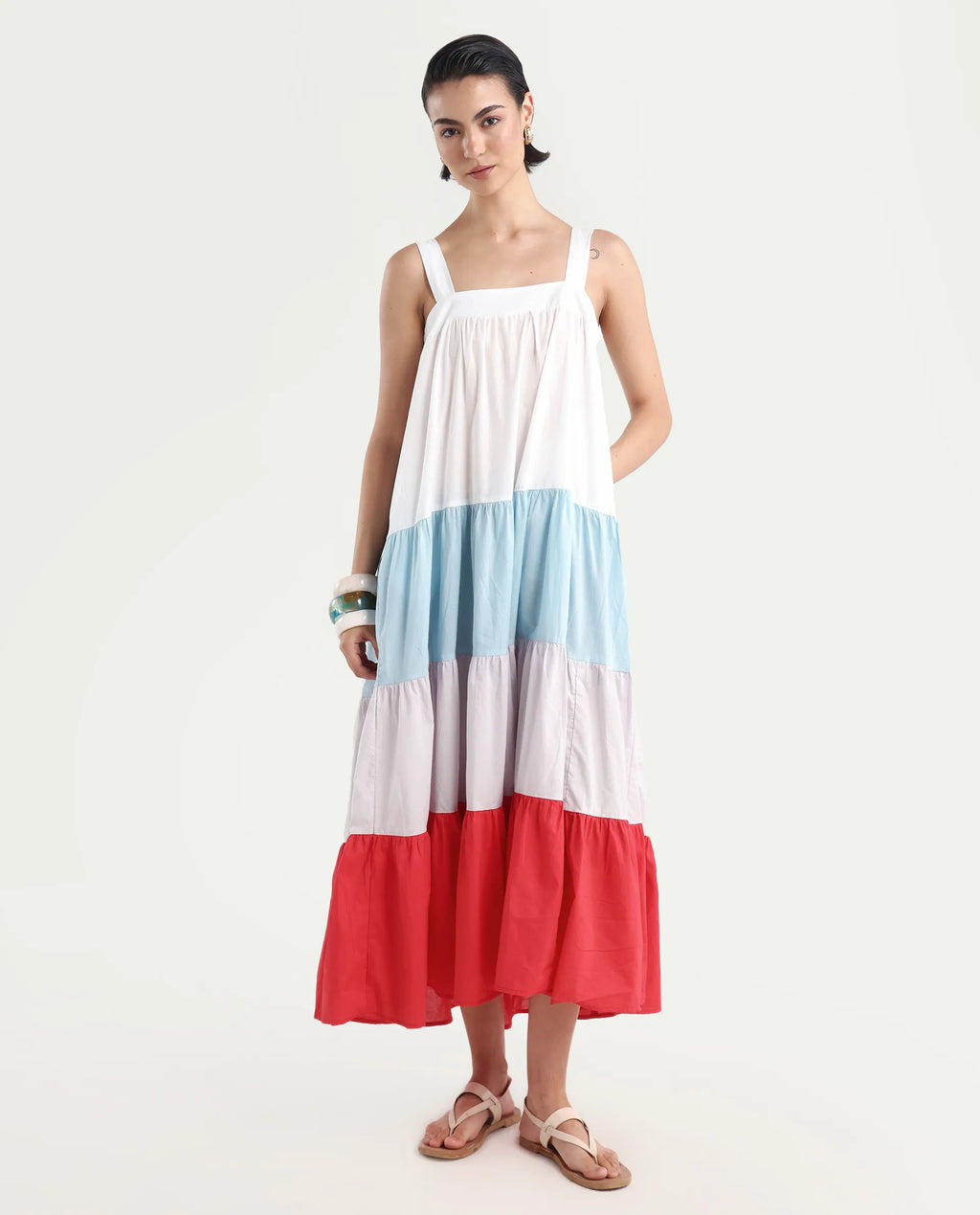 Rareism Women's Gama Multi Tube Neck Color Block Sleeveless Maxi Regular Fit Dress