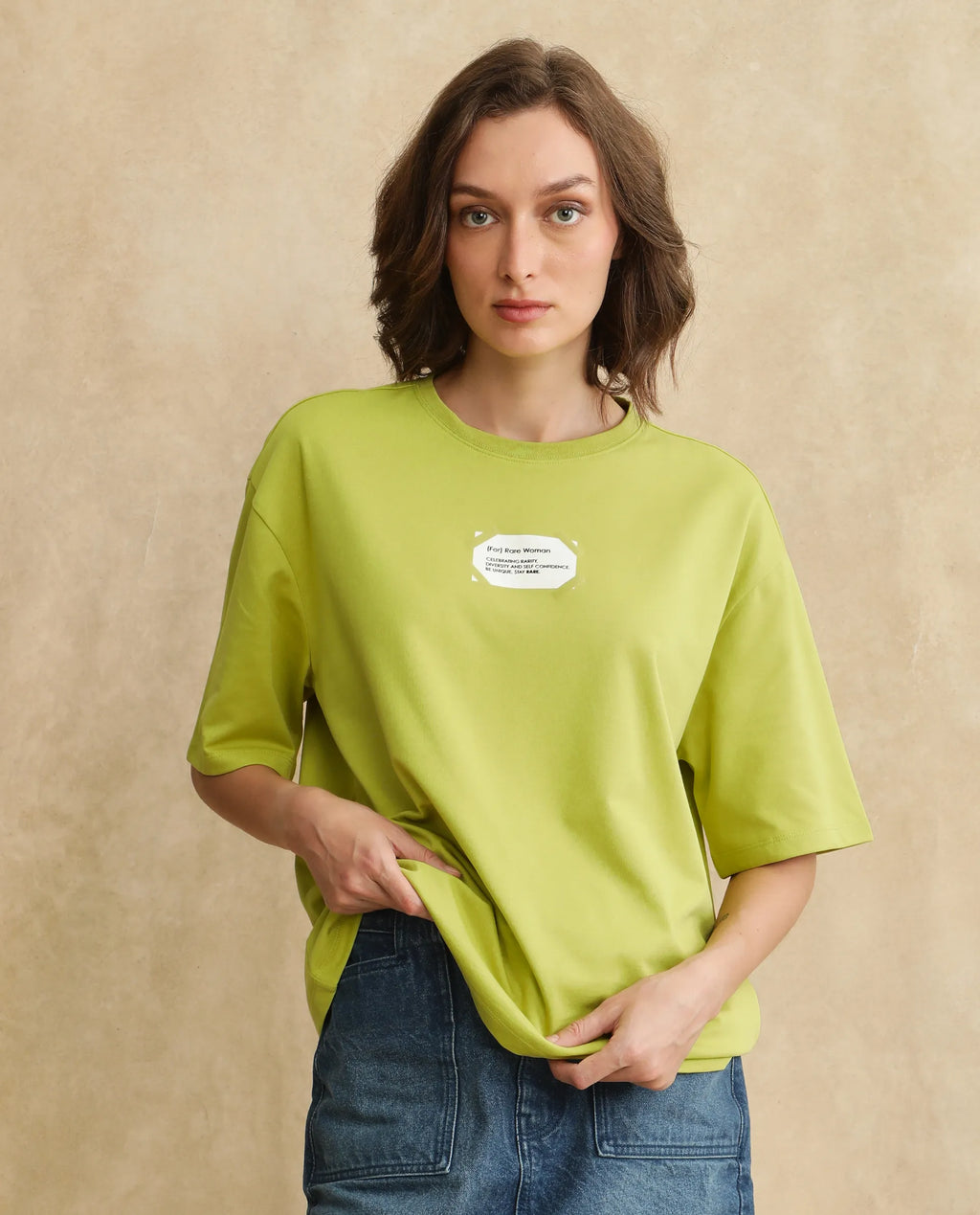 Rareism Women's Gare Flouroscent Green Cotton Blend Crew Neck Graphic Print Oversized T-Shirt