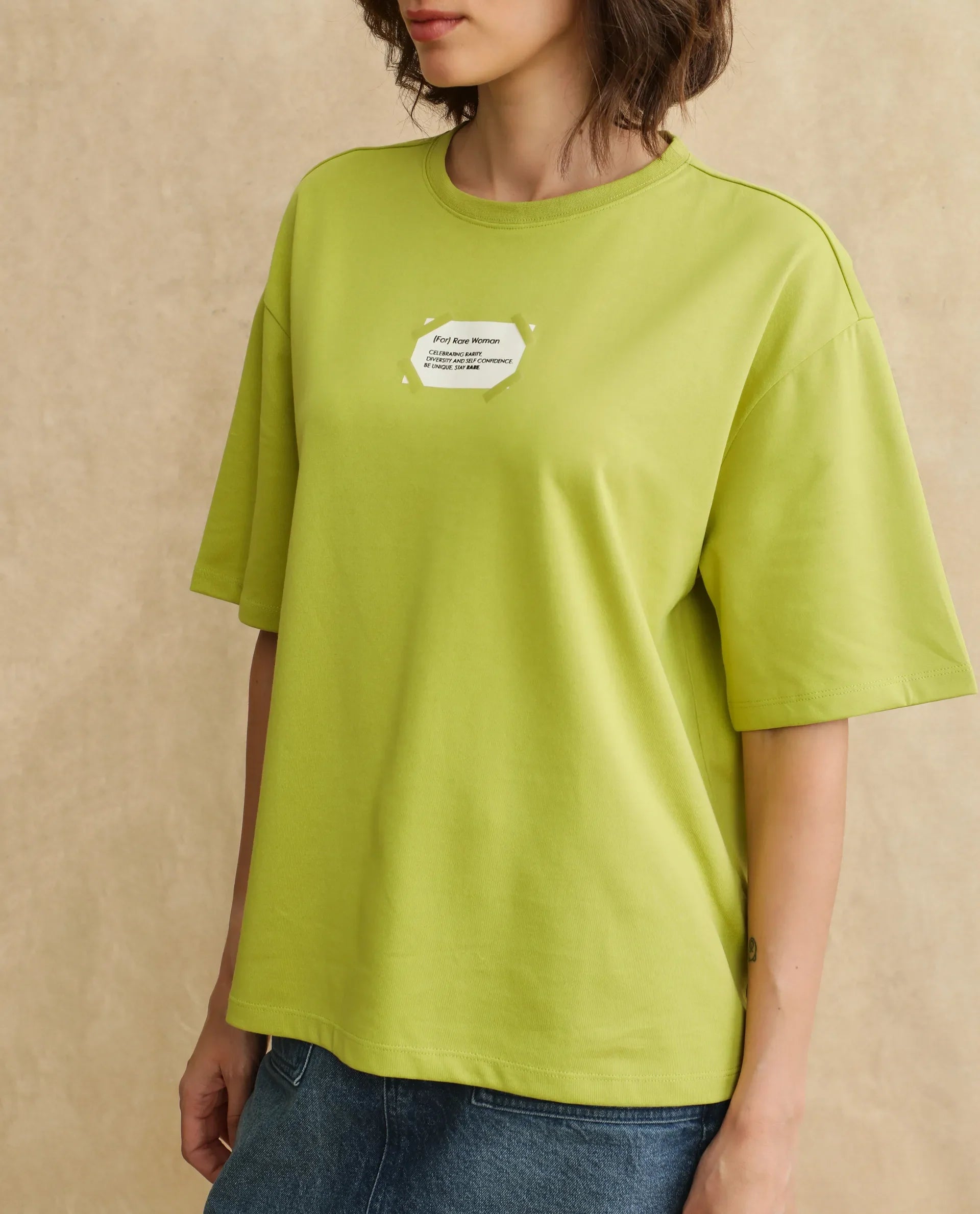 Rareism Women's Gare Flouroscent Green Cotton Blend Crew Neck Graphic Print Oversized T-Shirt
