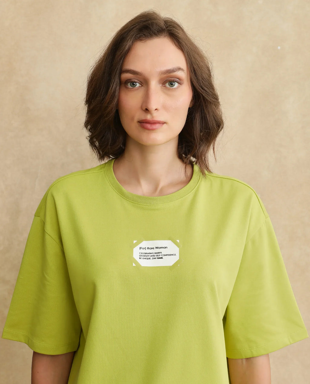 Rareism Women's Gare Flouroscent Green Cotton Blend Crew Neck Graphic Print Oversized T-Shirt