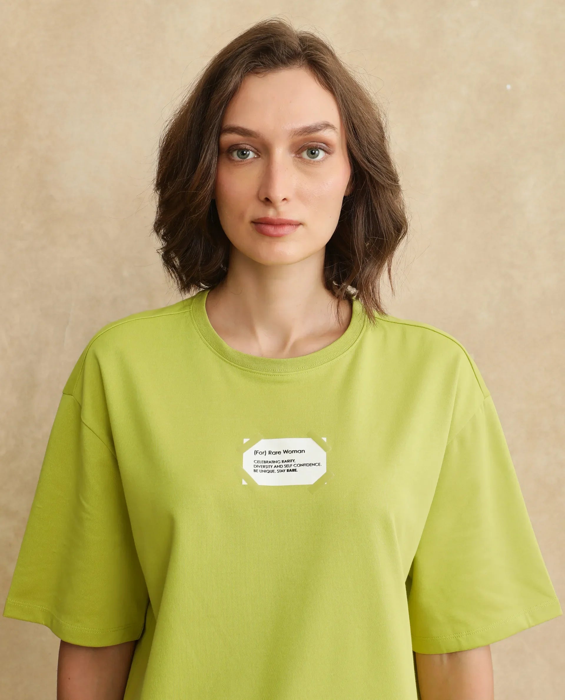 Rareism Women's Gare Flouroscent Green Cotton Blend Crew Neck Graphic Print Oversized T-Shirt