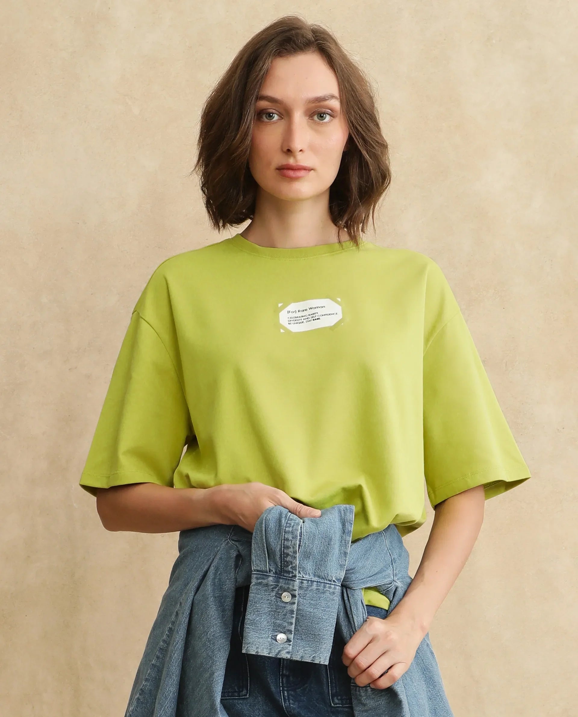 Rareism Women's Gare Flouroscent Green Cotton Blend Crew Neck Graphic Print Oversized T-Shirt