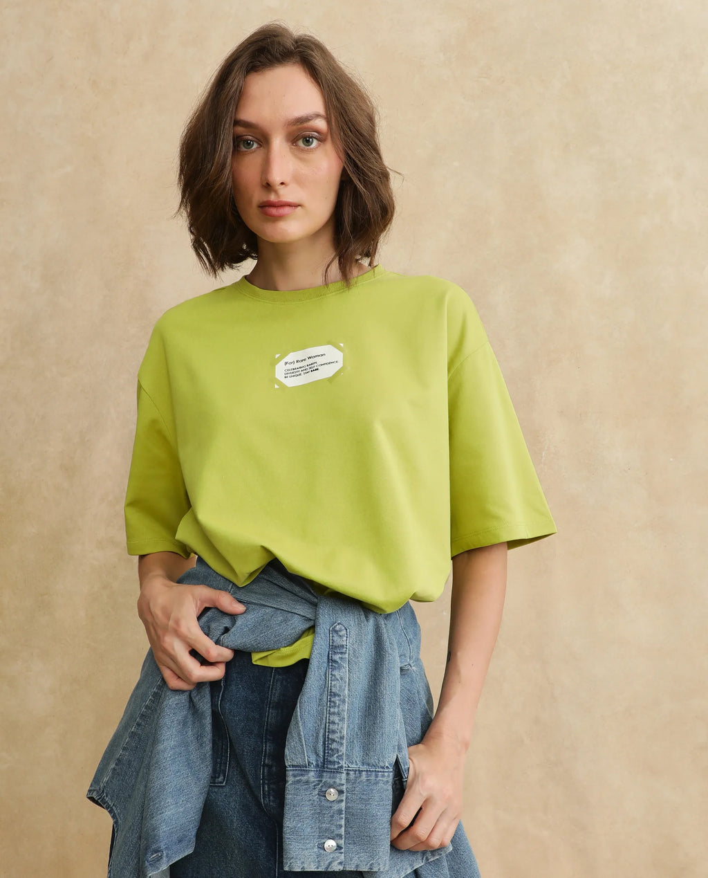 Rareism Women's Gare Flouroscent Green Cotton Blend Crew Neck Graphic Print Oversized T-Shirt