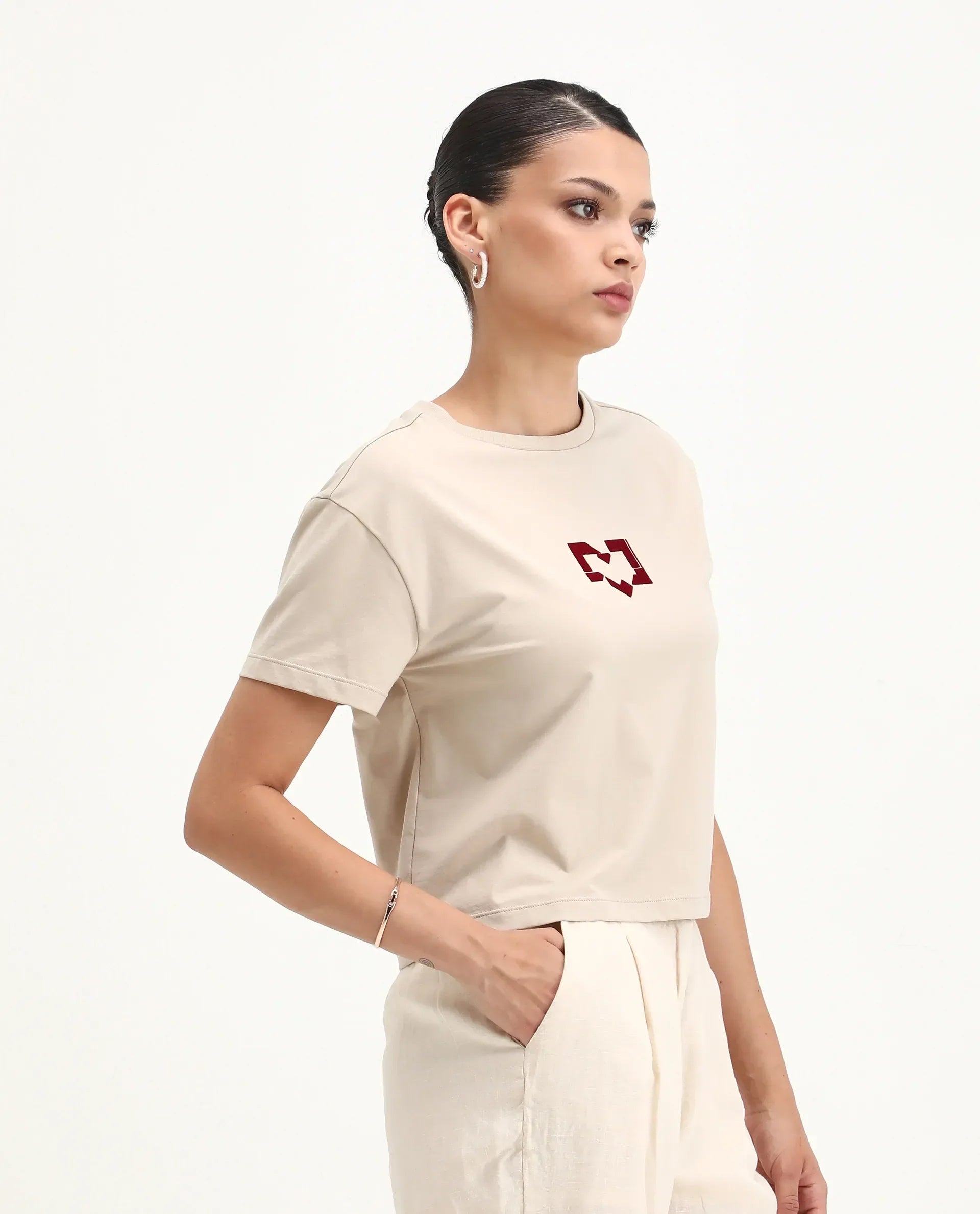 Rareism Women's Garn Beige Cotton Blend Crew Neck Regular Fit T-Shirt