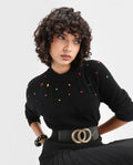 Rareism Women's Garnet Black Nylon Crew Neck Relaxed Fit Sweater