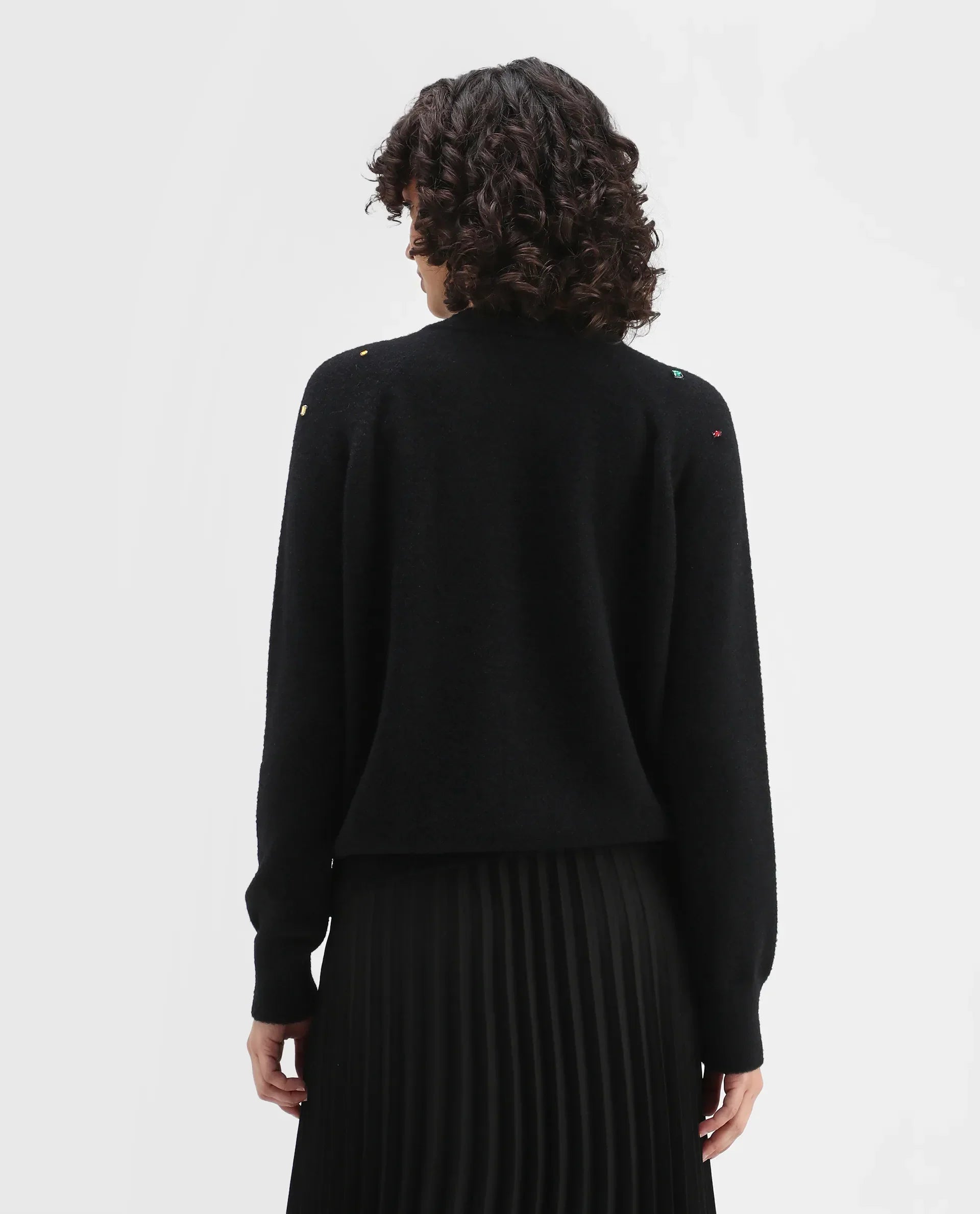 Rareism Women's Garnet Black Nylon Crew Neck Relaxed Fit Sweater