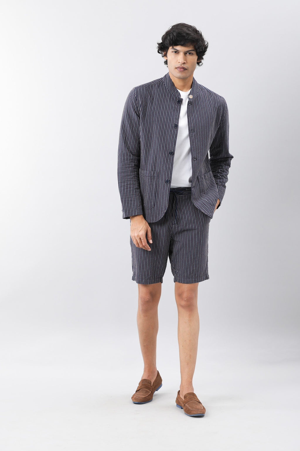 Rare Rabbit Men's Gazel Navy Viscose Striped Print Tailored Fit Full Sleeve Mandarin Collar Blazer